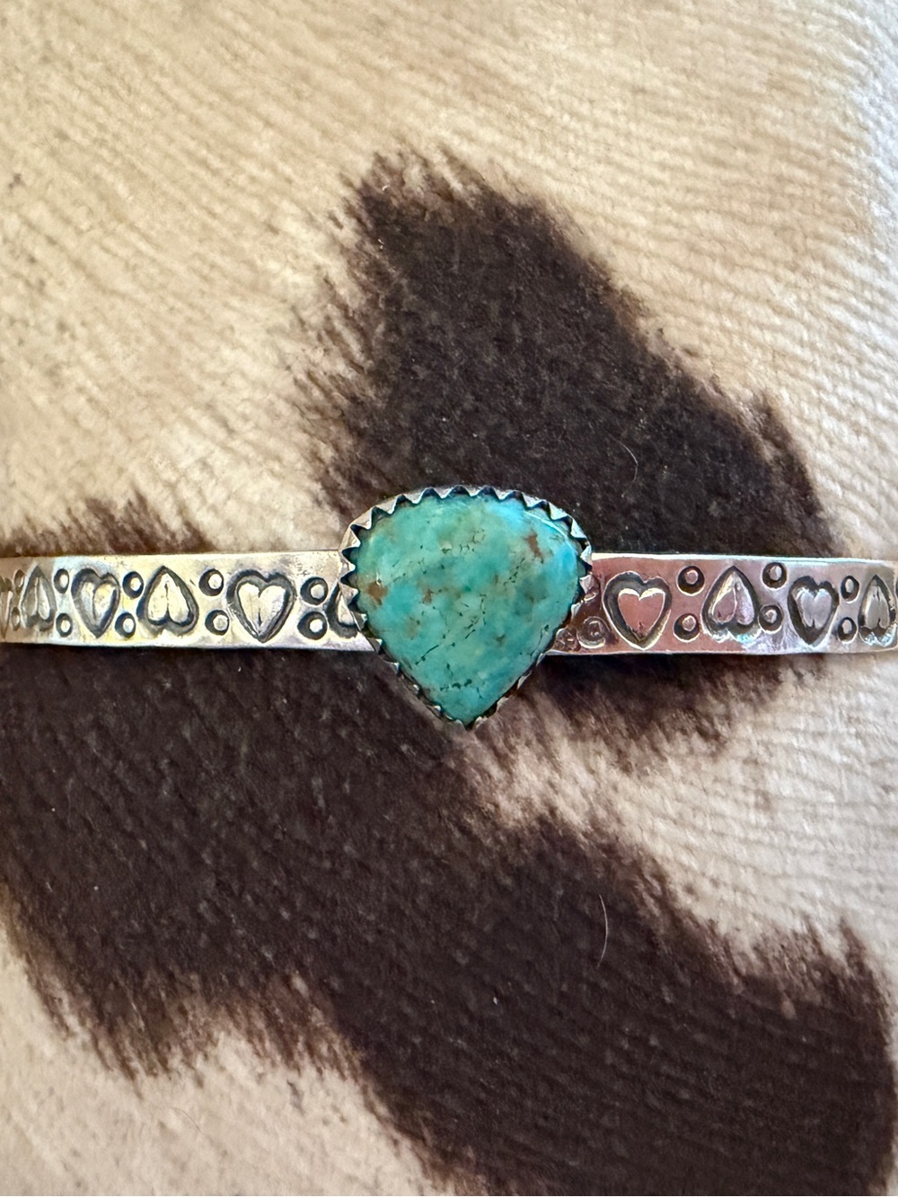 ❤️ Kingman Turquoise ADJ Heart Stamped Sterling Cuff Bracelet Hand-Crafted